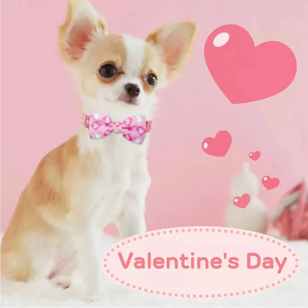 Azuza XS Extra Small Dog Collar With Bow Tie, Lovely Pink & Purple Heart Pattern
